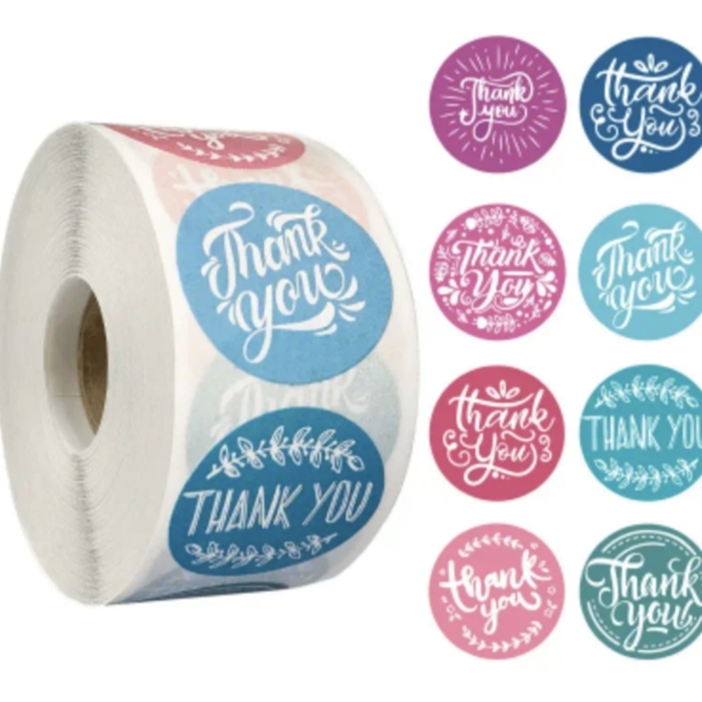 Brand New 500 piece circular sticker roll 8 pink & blue shades white thank you